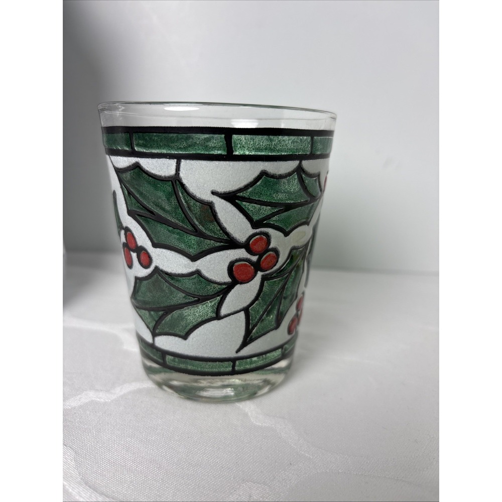 4 West Virginia Snowy Holly Berry Stained Glass On Rocks Christmas Glasses Set